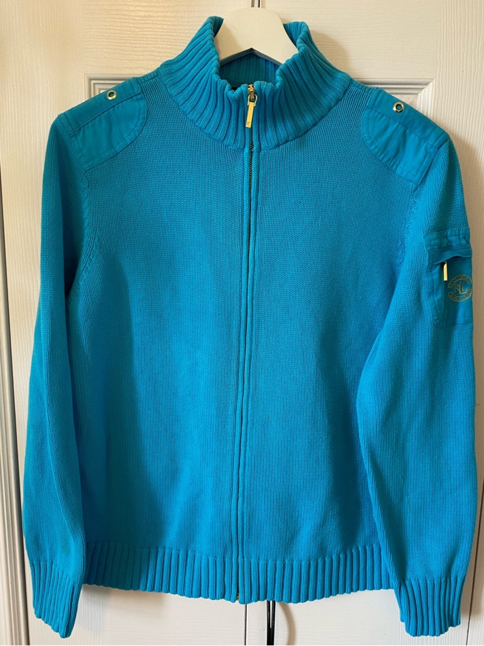 Ralph Lauren Zip Sweater Jacket Turquoise cotton knit Gold logo Coastal Nauti XL